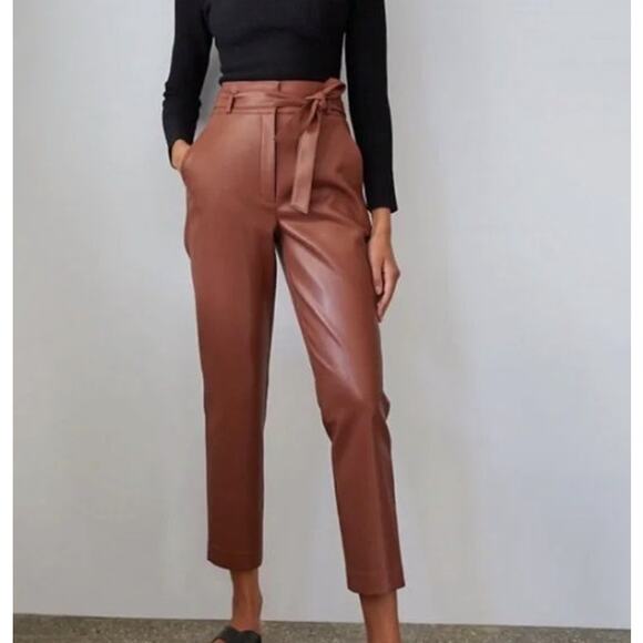 Babaton Aritzia Brown Tie Front Vegan Leather Belted Trouser Pants Size 4 - Picture 1 of 6